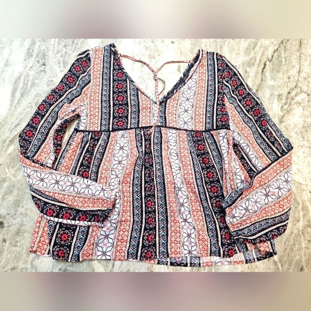 Abercrombie & Fitch Boho Blouse S Multicolor Print Tie Front Long Sleeve Top